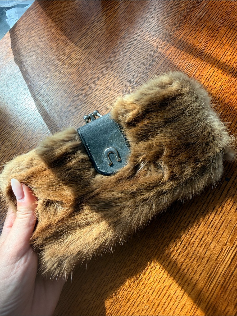 Vintage fur Clutch Wallet in Brown with Black Trim
